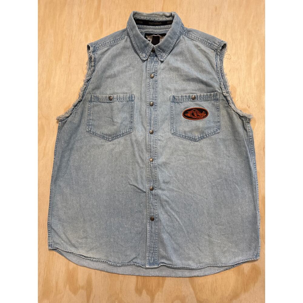 2005 Harley Davidson denim embroidered hog vest blue size XL